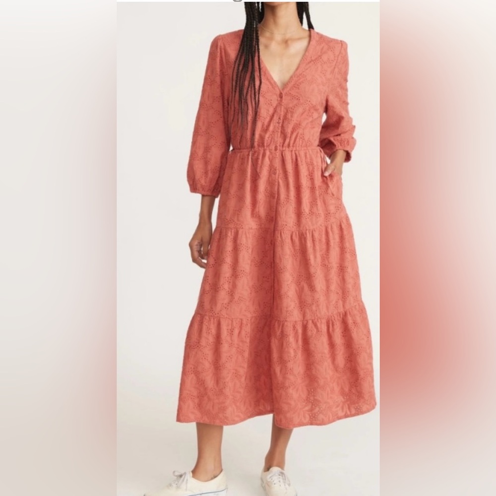 Marine Layer Coral Pink Eyelet Midi Dress - Picture 2 of 7
